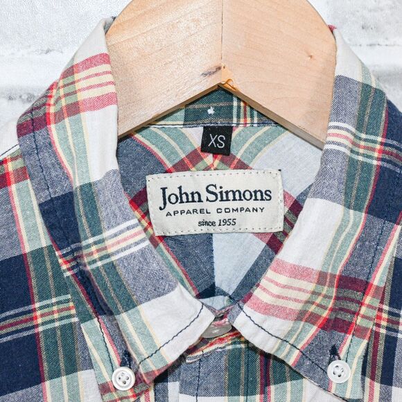 JOHN SIMONS Men's Short Sleeve Button down Shirt Madras Plaid size XS - Picture 2 of 6